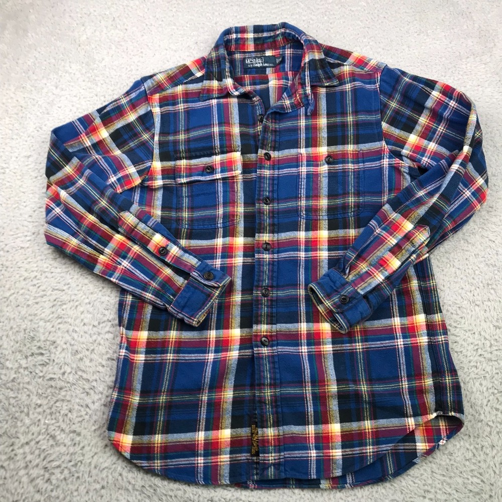Polo Ralph Lauren Shirt Mens M Blue Plaid Flannel Button Up Pocket Long Sleeve